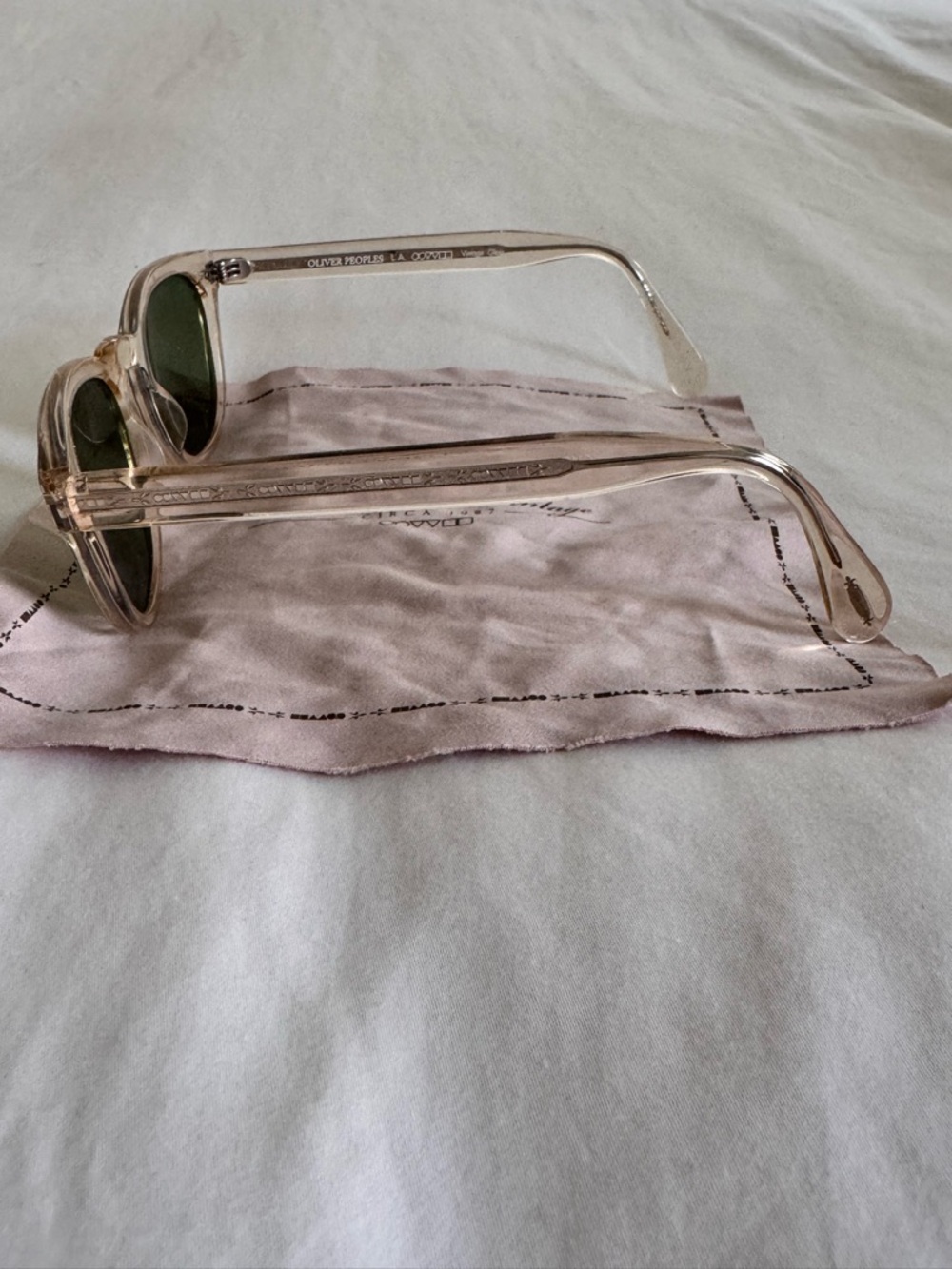 Oliver Peoples Clear Blush Pink Frame Sunglasses With Green Lenses View 4